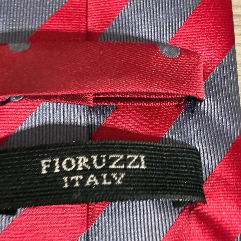 Fioruzzi Italian Designer Red Gray Striped Dots Dress Necktie